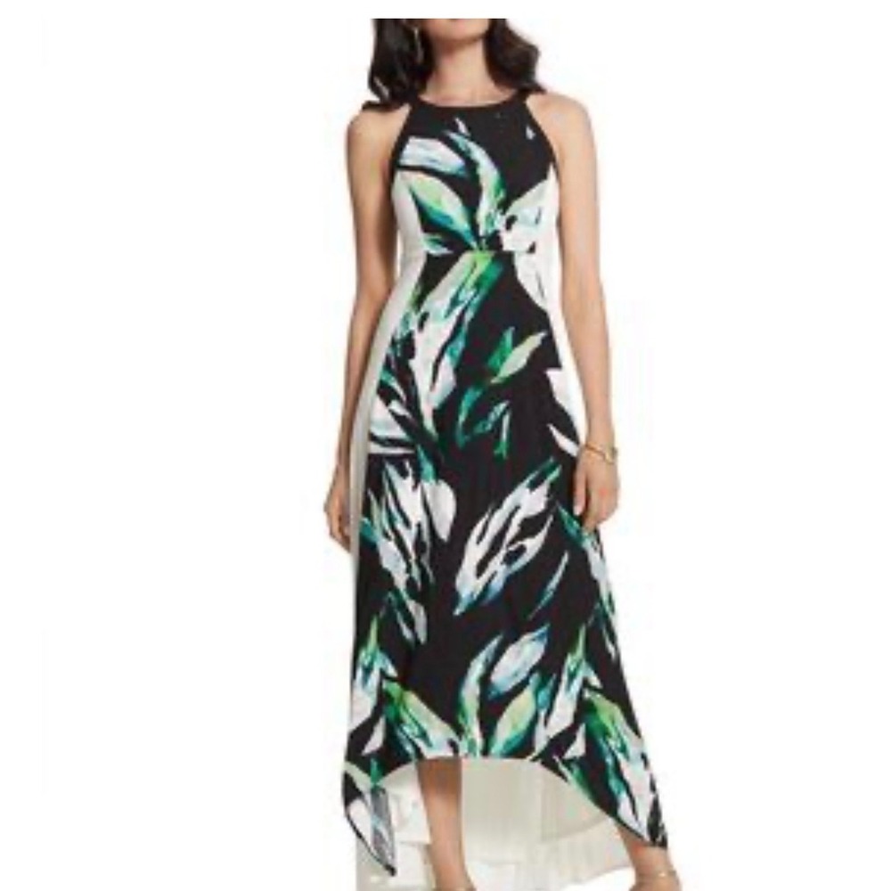 Chico's Palm Passion High-Low Maxi Dress Black White Tropical Leaf Size 2 Large